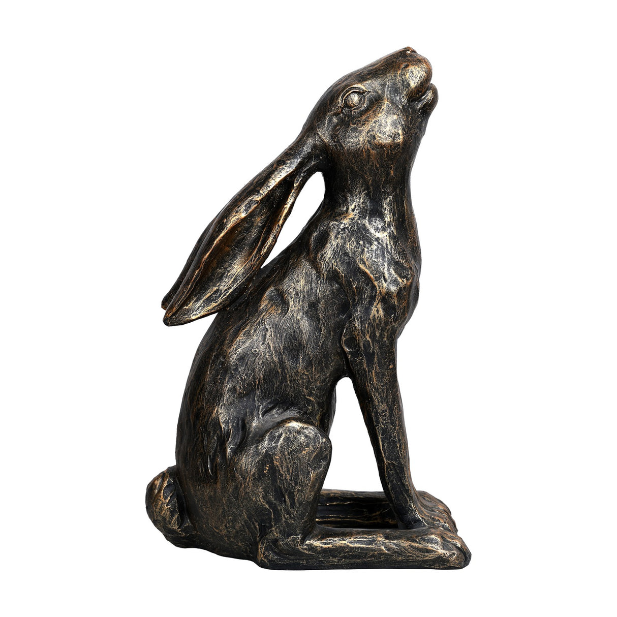 Libra Interiors Antique Bronze Stargazing Hare Sculpture in textured resin, shown sitting with ears back and muzzle tilted skyward on a shaped plinth.