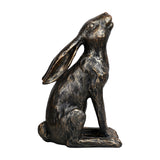 Libra Interiors Antique Bronze Stargazing Hare Sculpture in textured resin, shown sitting with ears back and muzzle tilted skyward on a shaped plinth.
