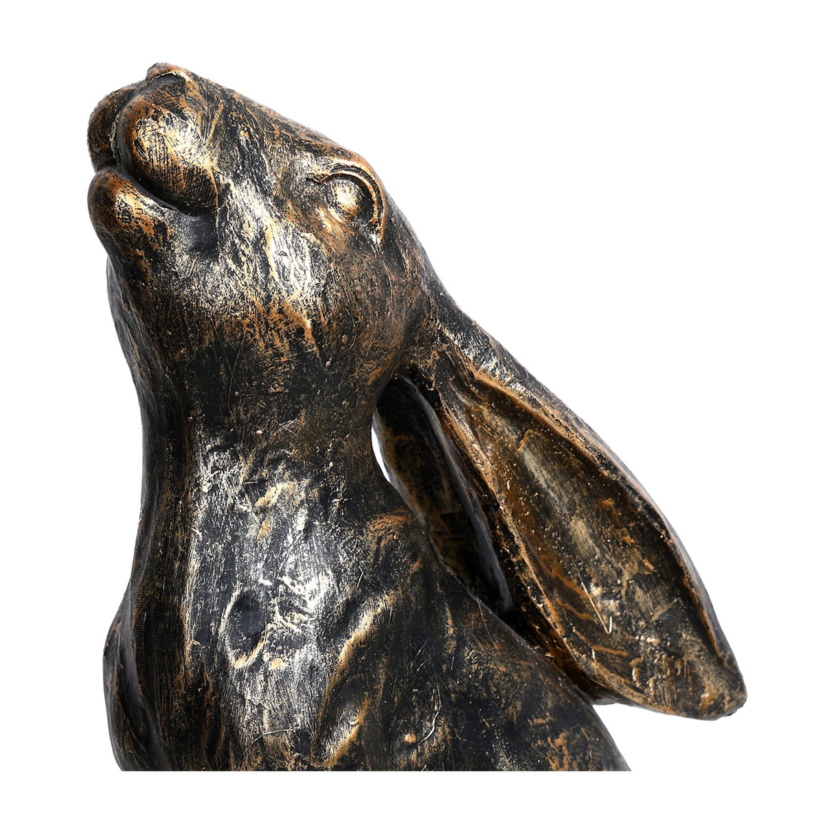 Close-up of Libra Interiors Antique Bronze Stargazing Hare Sculpture showing the upturned muzzle, long ear and textured bronze patina on resin.