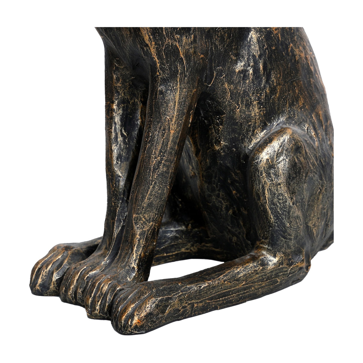 Libra Interiors Antique Bronze Stargazing Hare Sculpture shown in close-up on the lower body, forelegs and paws, highlighting the textured hand-finished patina.