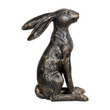 Libra Interiors Antique Bronze Sitting Hare Sculpture in upright alert pose with long ears and textured bronze finish, shown side-on on white.