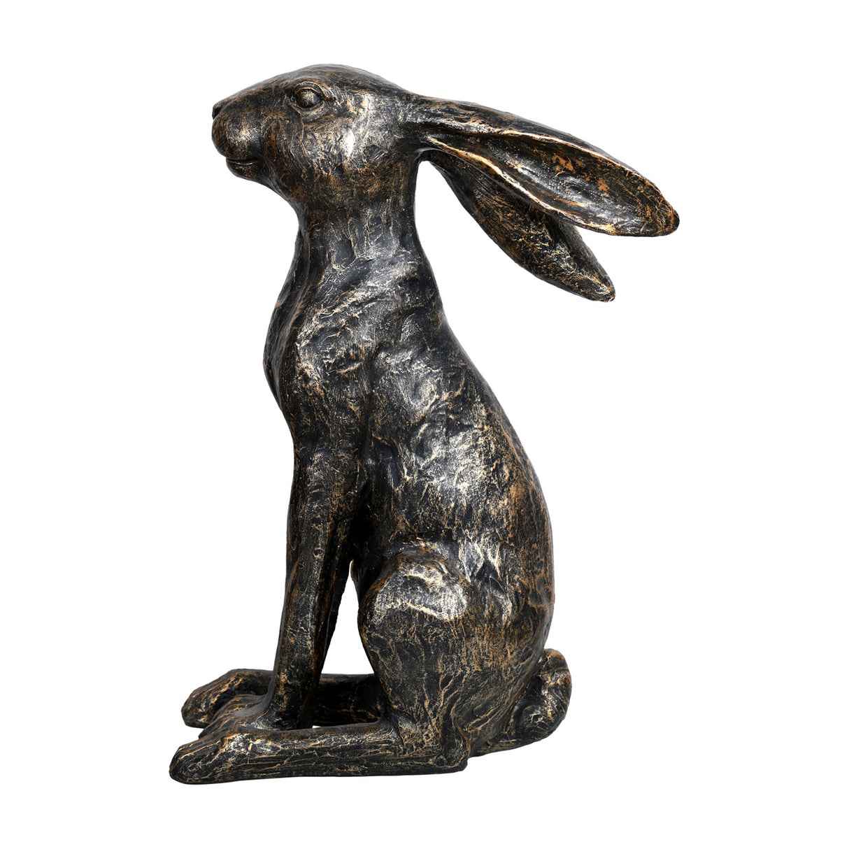 Libra Interiors Antique Bronze Sitting Hare Sculpture in textured resin, shown upright with long ears and turned head against a plain white background.