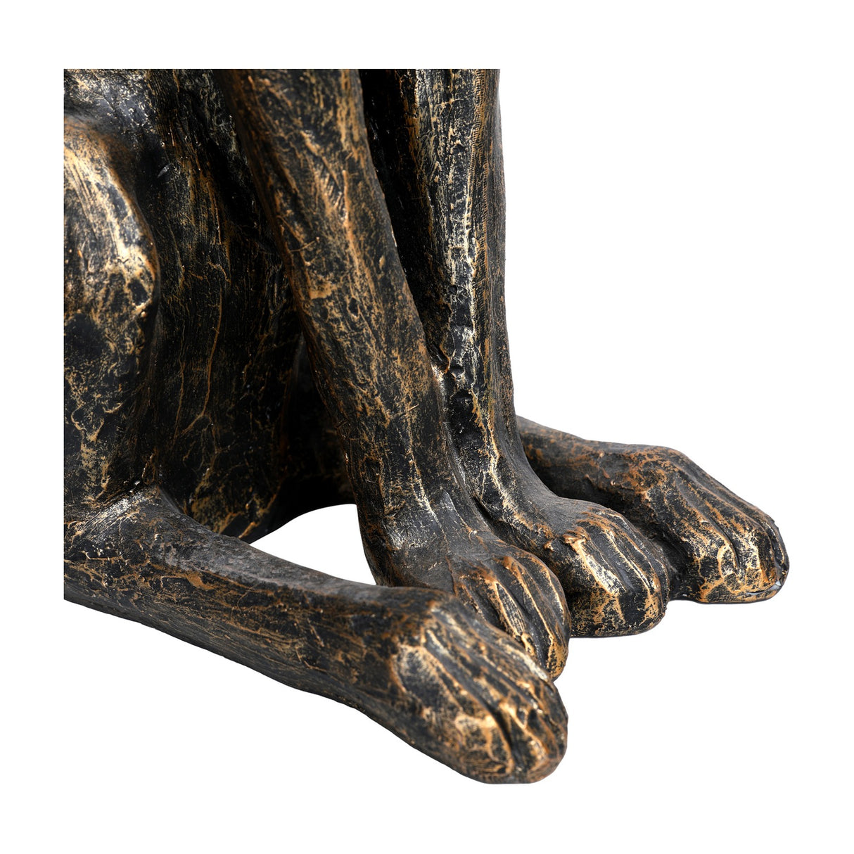 Close-up of the paws and lower limbs of the Libra Interiors Antique Bronze Sitting Hare Sculpture, showing textured bronze resin finish.