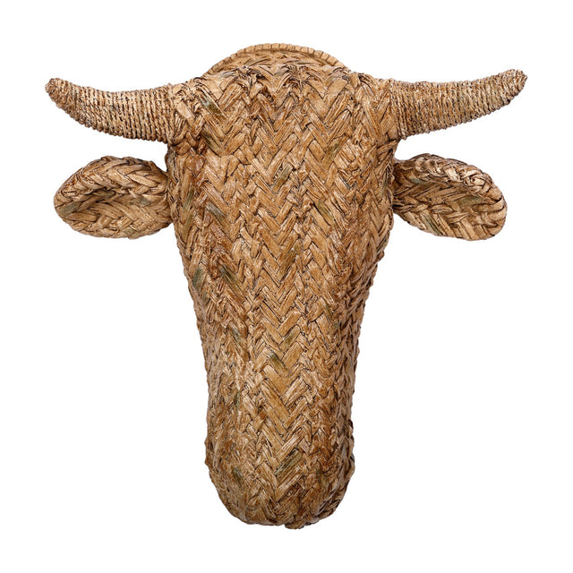 Libra Interiors Braided Resin Cow Head Wall Art in brown, with herringbone-woven face, curved horns and braided ears, on a plain white background.