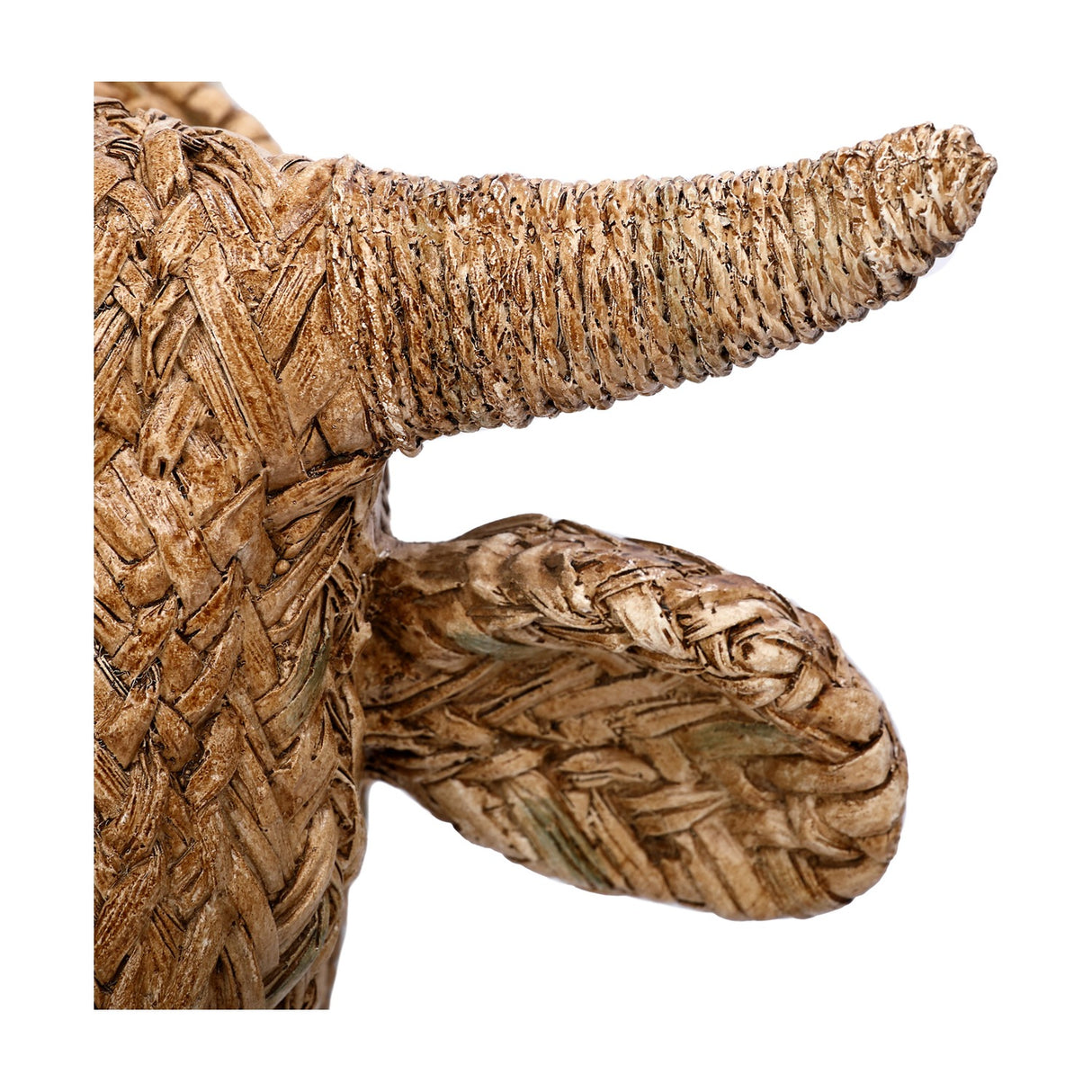 Close-up of Libra Interiors Braided Resin Cow Head Wall Art in brown, showing the herringbone-woven horn and softly braided ear detail.