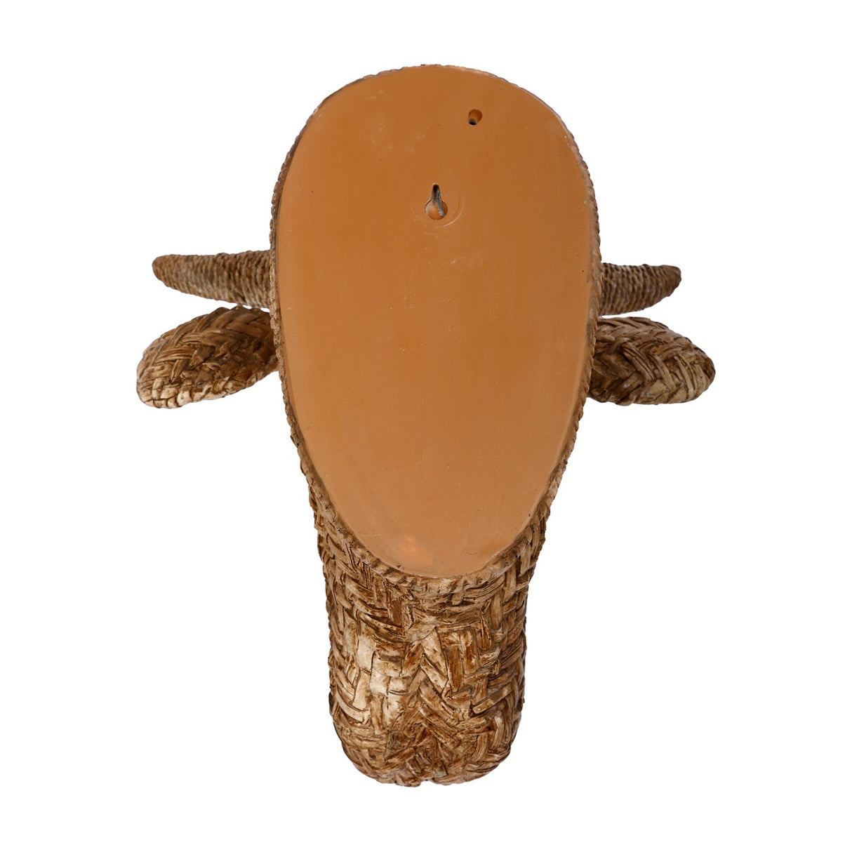 Rear view of Libra Interiors Braided Resin Cow Head Wall Art in brown, showing the smooth terracotta-toned back panel with keyhole hanging slot.