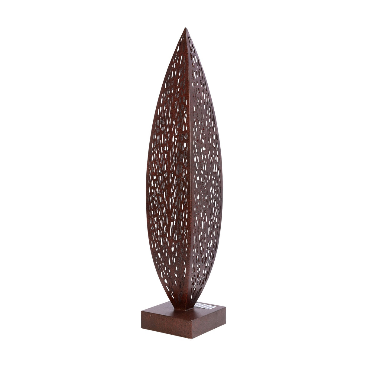 Libra Interiors Solar Cut-Out Iron Leaf Sculpture in bronze, a tall pierced leaf-shaped ornament on a square iron base, shown on a plain white background.