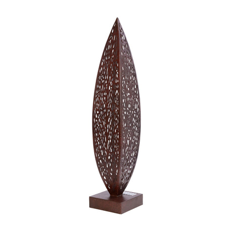 Libra Interiors Solar Cut-Out Iron Leaf Sculpture in bronze, a tall pierced leaf-shaped ornament on a square iron base, shown on a plain white background.