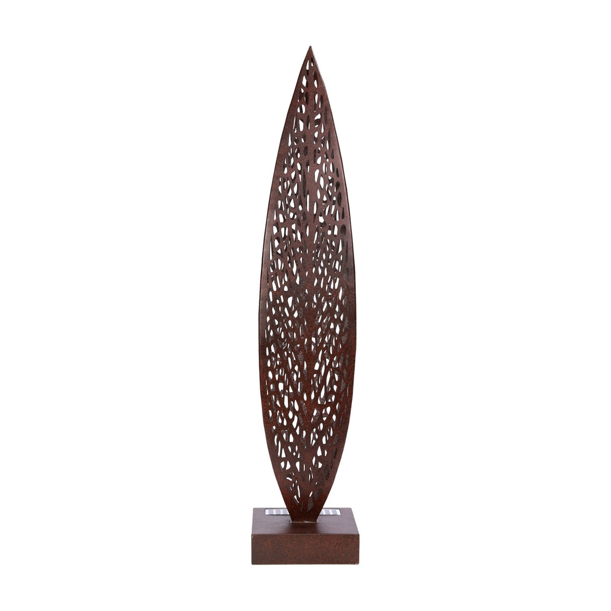 Libra Interiors Solar Cut-Out Iron Leaf Sculpture in bronze, a tall pierced leaf-shaped garden ornament on a square iron base, shown on a white background.