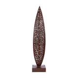 Libra Interiors Solar Cut-Out Iron Leaf Sculpture in bronze, a tall pierced leaf-shaped garden ornament on a square iron base, shown on a white background.