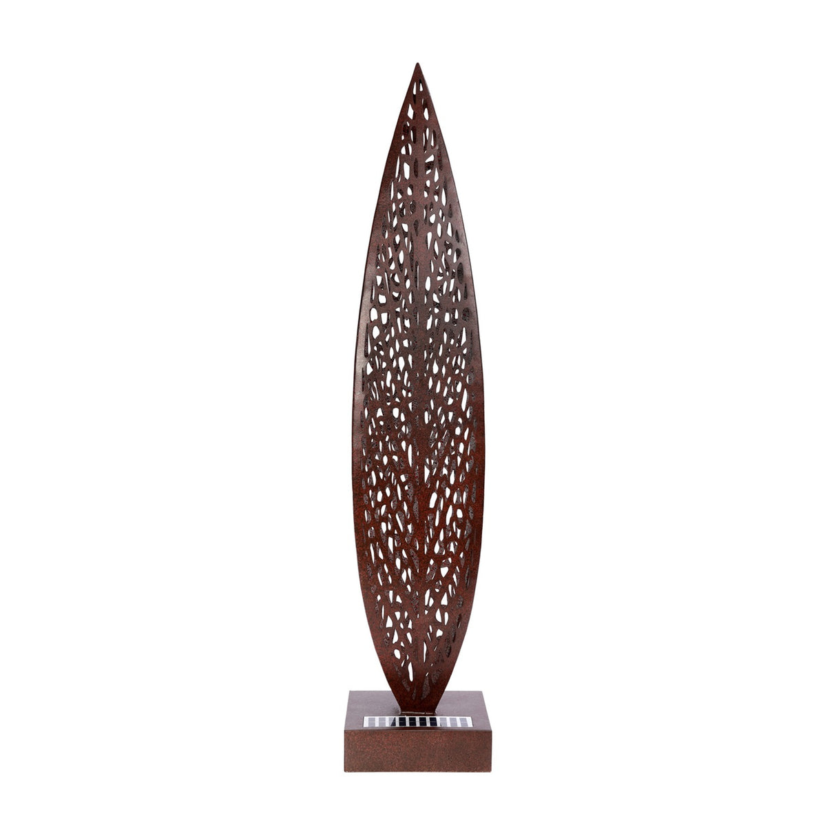 Libra Interiors Solar Cut-Out Iron Leaf Sculpture in bronze, a tall pierced leaf form on a square base with solar panel, shown on a white background.