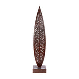 Libra Interiors Solar Cut-Out Iron Leaf Sculpture in bronze, a tall pierced leaf form on a square base with solar panel, shown on a white background.