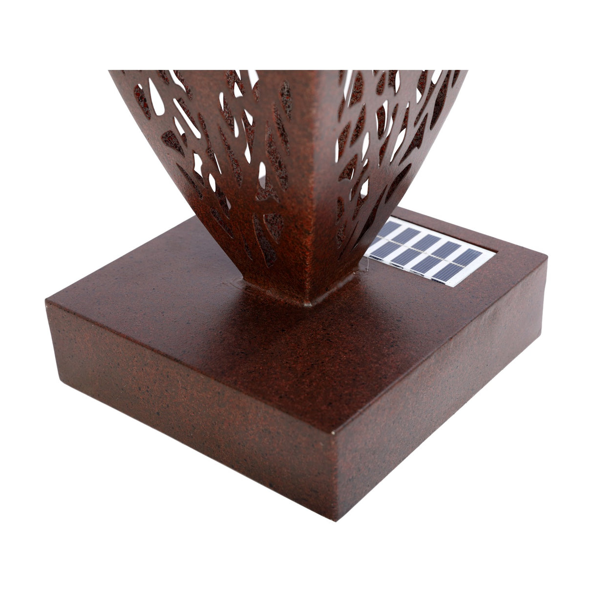 Close-up of the Libra Interiors Solar Cut-Out Iron Leaf Sculpture base, showing the bronze square footing, pierced leaf body and integrated solar panel.