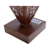 Close-up of the Libra Interiors Solar Cut-Out Iron Leaf Sculpture base, showing the bronze square footing, pierced leaf body and integrated solar panel.