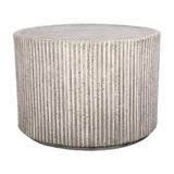 Libra Interiors Fluted Round Coffee Table in grey, a cylindrical composite drum with vertical ribbing and weathered stone effect finish, on a white background.
