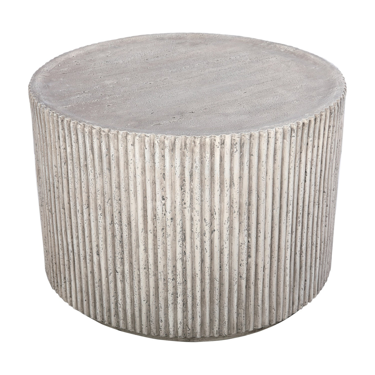 Libra Interiors Fluted Round Coffee Table in grey, a cylindrical composite drum with vertical ribbed stone-effect finish, shown on a white background.