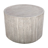 Libra Interiors Fluted Round Coffee Table in grey, a cylindrical composite drum with vertical ribbed stone-effect finish, shown on a white background.
