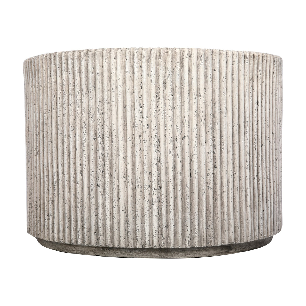 Libra Interiors Fluted Round Coffee Table in grey, a cylindrical composite drum with vertical ribbed fluting and a weathered stone effect finish.