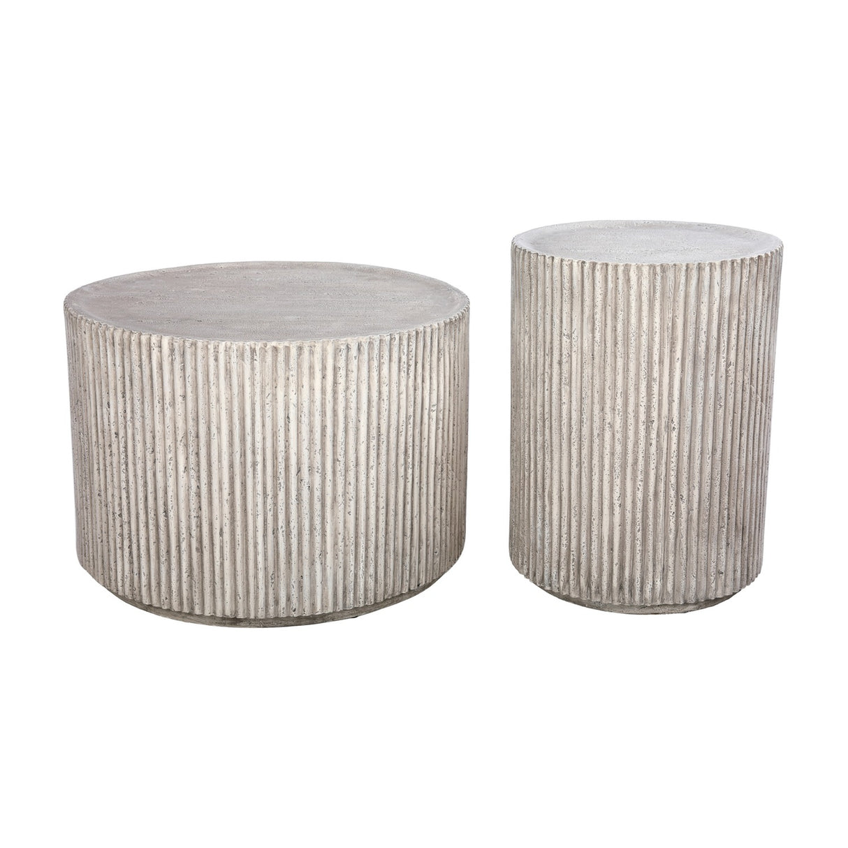 Libra Interiors Fluted Round Coffee Table in grey shown with a taller matching side table, both cylindrical with ribbed stone effect finish, on white.