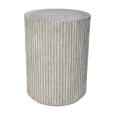 Libra Interiors Ribbed Stone Effect Cylindrical Side Table in grey, a fluted concrete-look drum with a flat top, shown on a plain white background.