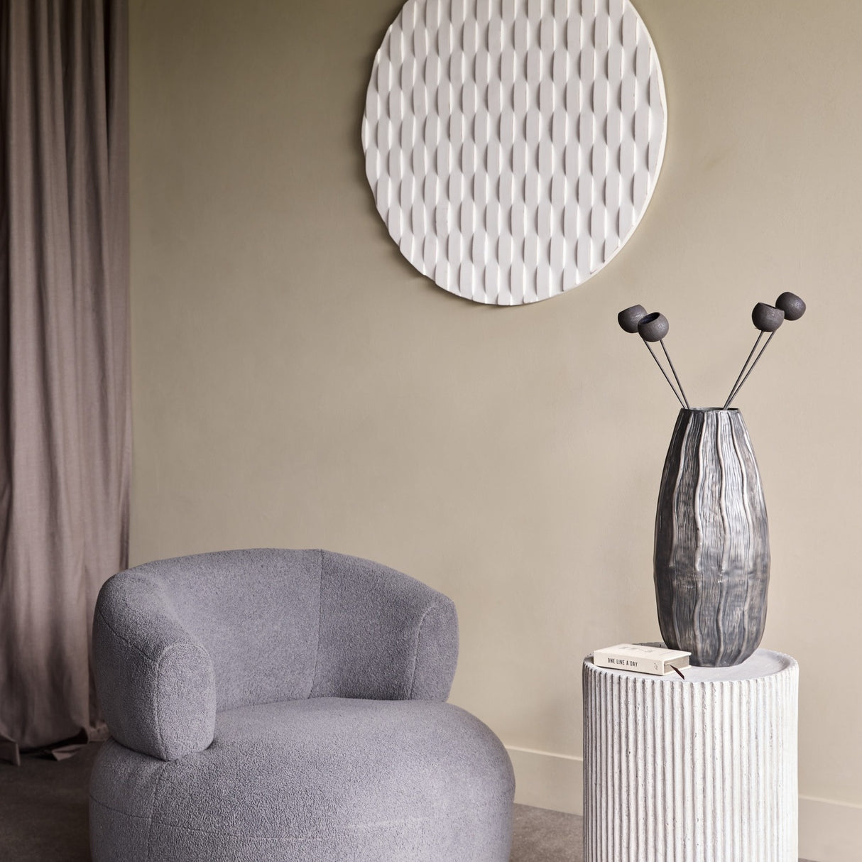 Ribbed Stone Effect Cylindrical Side Table – Grey