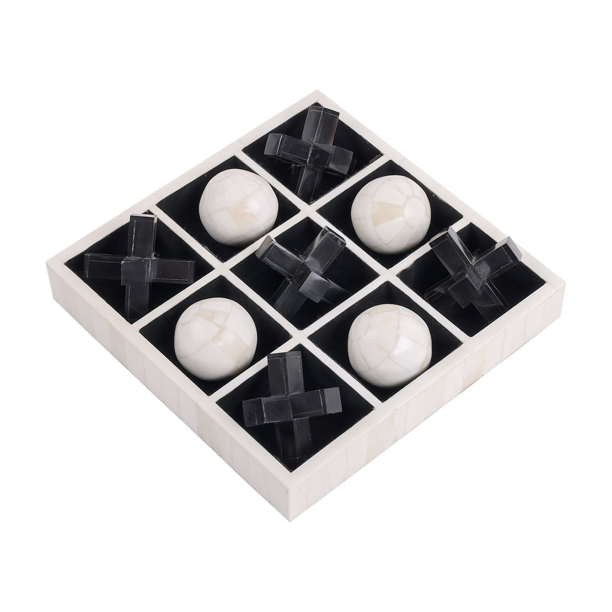 Libra Interiors Bone and Horn Inlay Noughts and Crosses Game with a white bone tray holding off-white bone balls and black horn crosses on a white background.