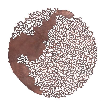 Libra Interiors Coral Openwork Round Wall Art in bronze, a large aluminium disc with organic coral-inspired latticework and solid panels on a white background.