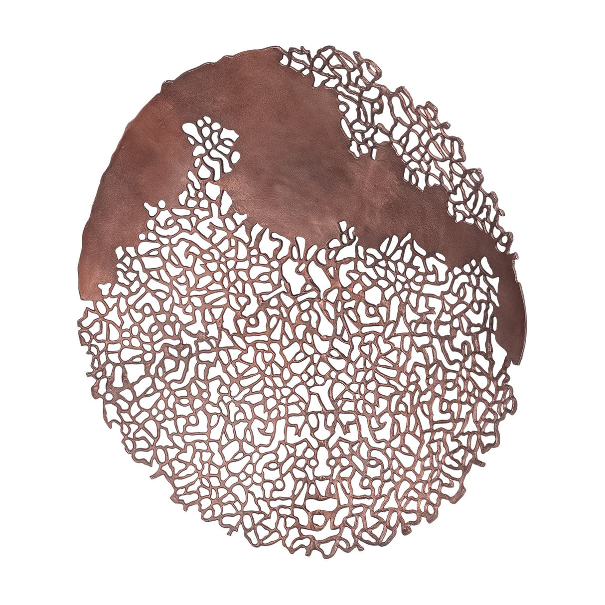 Libra Interiors Coral Openwork round wall art in raw bronze cast aluminium, with dense lattice webbing merging into smoother panels, on a white background.
