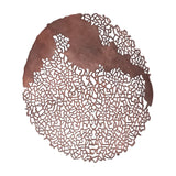 Libra Interiors Coral Openwork round wall art in raw bronze cast aluminium, with dense lattice webbing merging into smoother panels, on a white background.