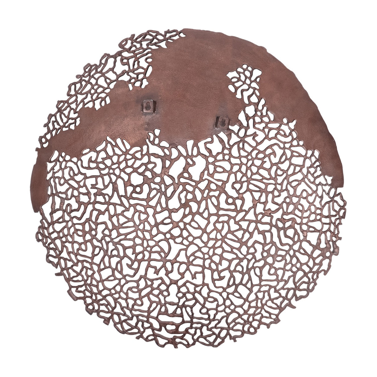Libra Interiors Coral Openwork round wall art in bronze cast aluminium, showing the reverse with keyhole mounting brackets on a white background.