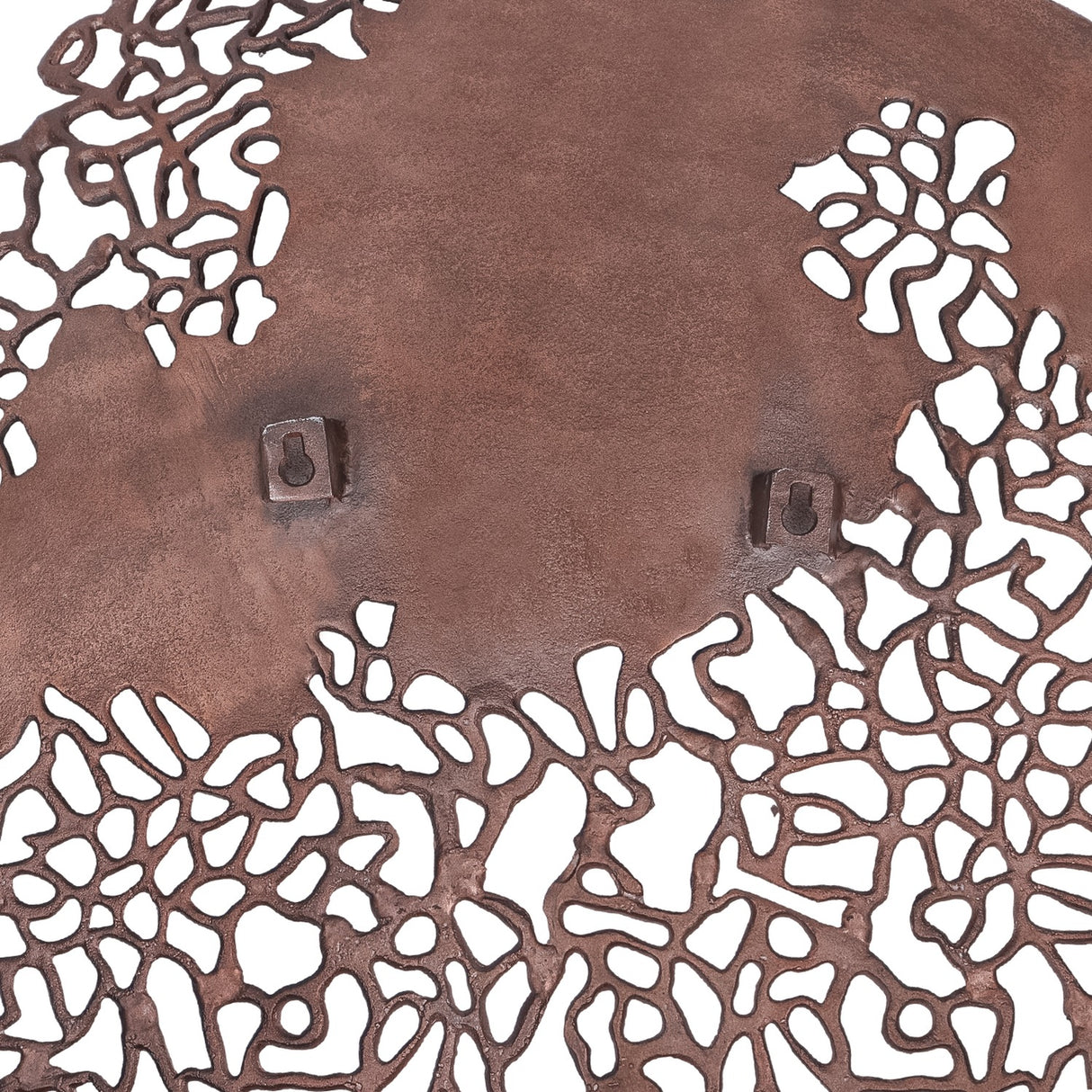 Close-up of Libra Interiors Coral Openwork Round Wall Art in bronze, showing two keyhole hanging brackets on the cast aluminium back with openwork coral edges.