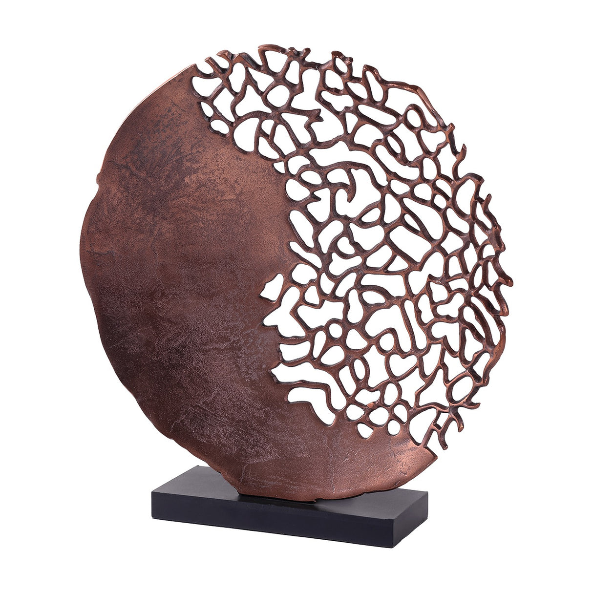 Libra Interiors Coral Cut-Out round aluminium sculpture in bronze, with solid disc half and branching coral latticework, on a black rectangular base.