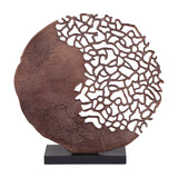 Libra Interiors Coral Cut-Out Round Aluminium Sculpture in bronze, with solid disc and organic latticework on a black rectangular base.