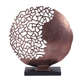 Libra Interiors Coral Cut-Out Round Aluminium Sculpture in bronze, half solid disc and half branching lattice, on a black rectangular base.