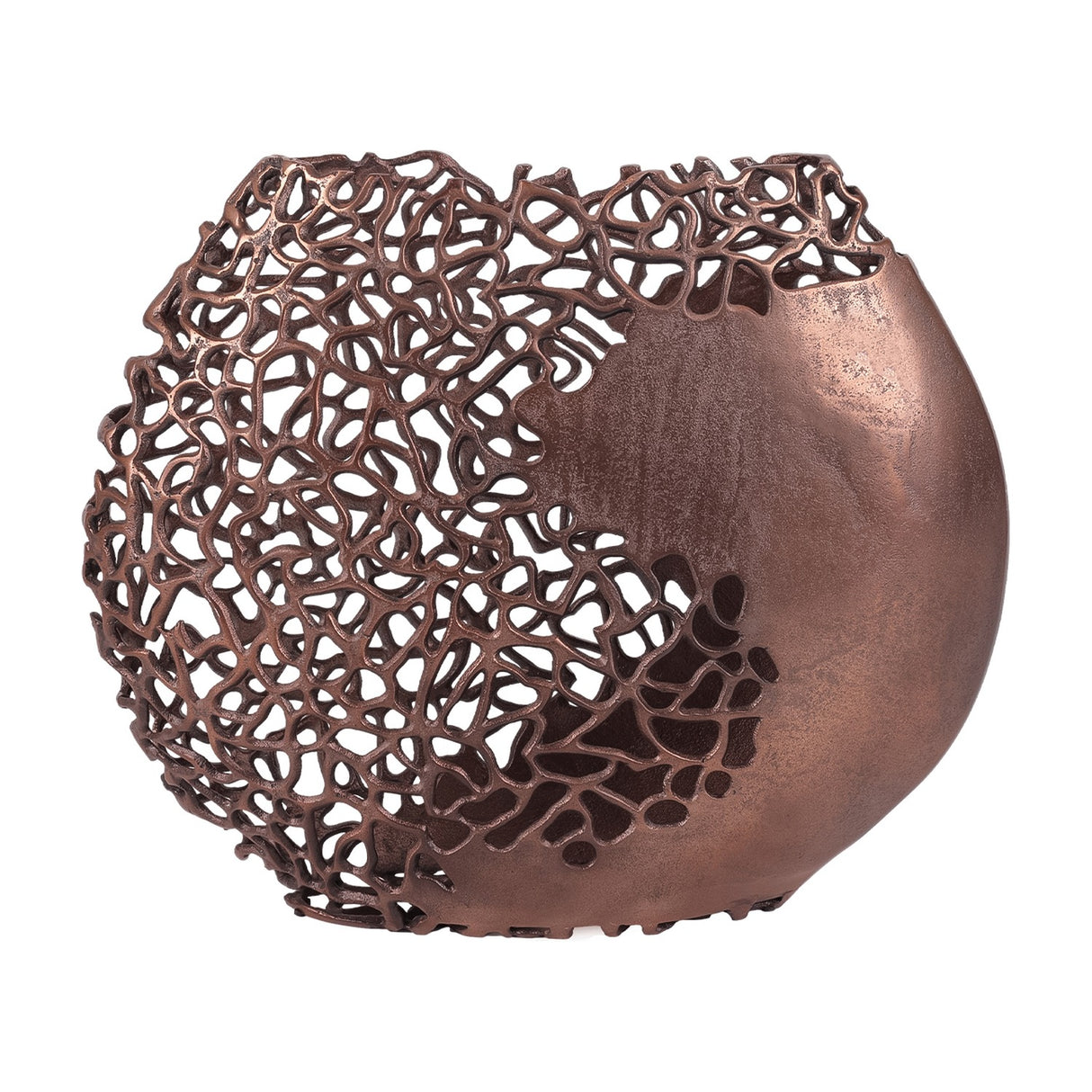 Libra Interiors Coral Cut-Out Aluminium Ellipse Vase in bronze, with pierced lattice front and solid mottled rear panel, on a plain white background.