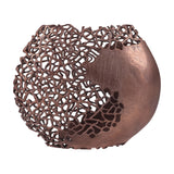 Libra Interiors Coral Cut-Out Aluminium Ellipse Vase in bronze, with pierced lattice front and solid mottled rear panel, on a plain white background.
