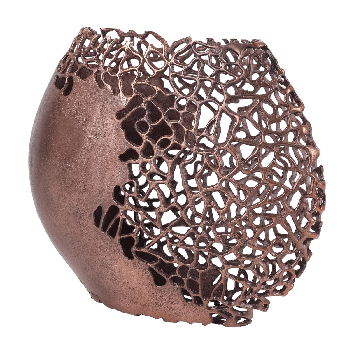 Libra Interiors Coral Cut-Out ellipse vase in cast aluminium with raw bronze finish, showing the pierced coral lattice face against a white background.