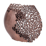 Libra Interiors Coral Cut-Out ellipse vase in cast aluminium with raw bronze finish, showing the pierced coral lattice face against a white background.