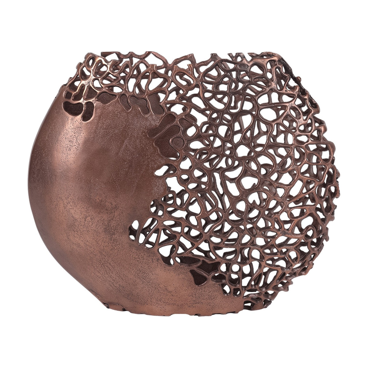 Libra Interiors Coral Cut-Out Aluminium Ellipse Vase in bronze, with a solid mottled panel on one side and organic openwork lattice on the other.