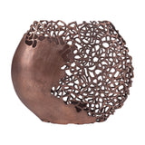 Libra Interiors Coral Cut-Out Aluminium Ellipse Vase in bronze, with a solid mottled panel on one side and organic openwork lattice on the other.