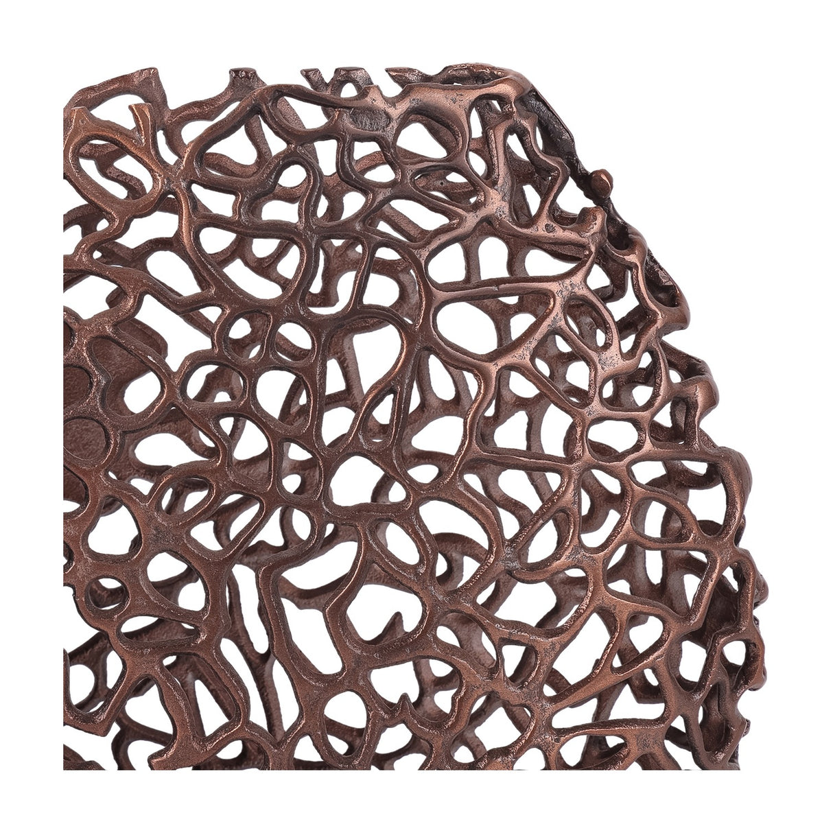 Close-up of the Libra Interiors Coral Cut-Out Aluminium Ellipse Vase in bronze, showing the organic lattice of interlaced strands in matt cast aluminium.