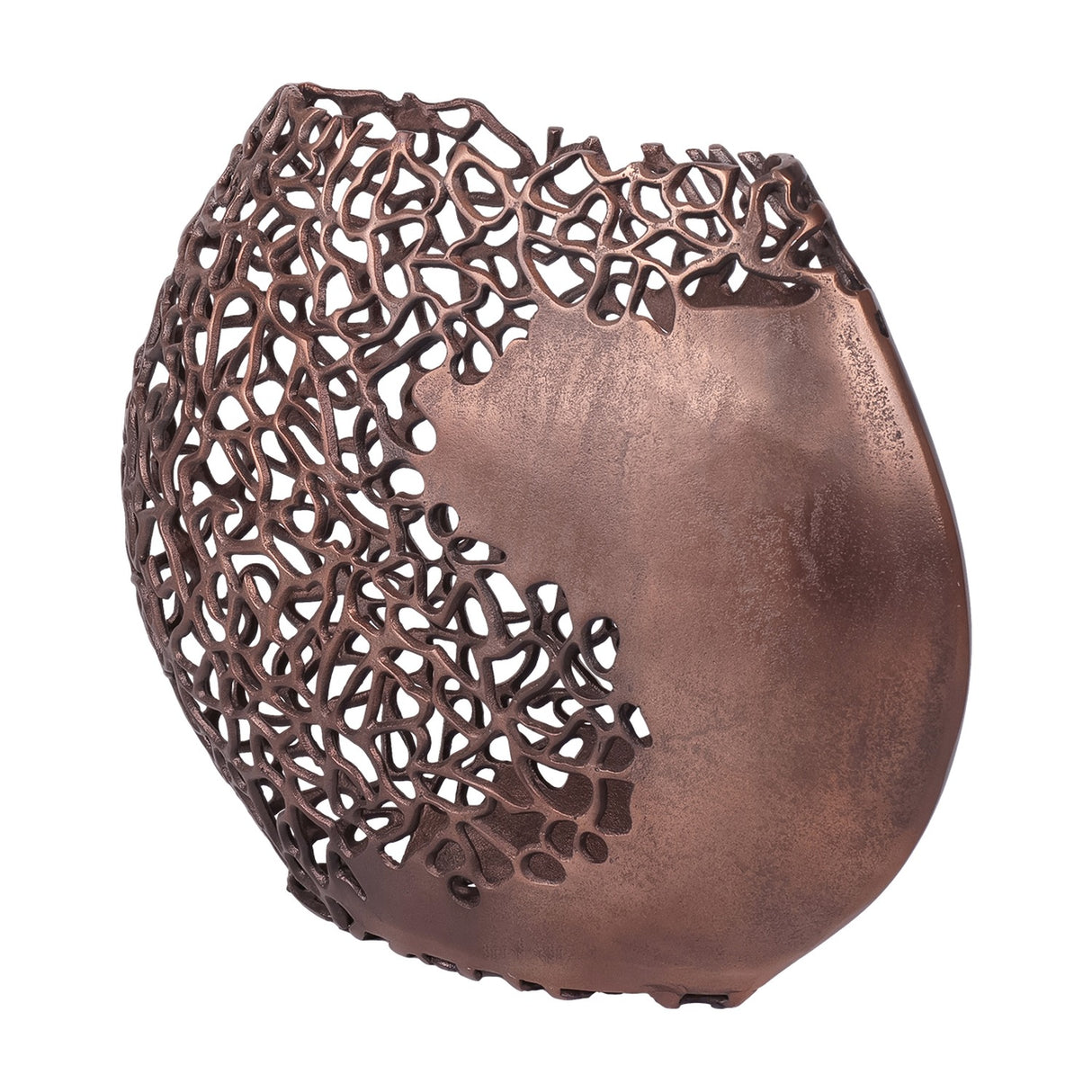 Libra Interiors Coral Cut-Out ellipse vase in cast aluminium with raw bronze finish, showing the solid mottled panel beside the openwork lattice edge.