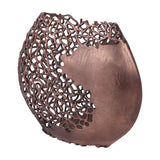 Libra Interiors Coral Cut-Out ellipse vase in cast aluminium with raw bronze finish, showing the solid mottled panel beside the openwork lattice edge.