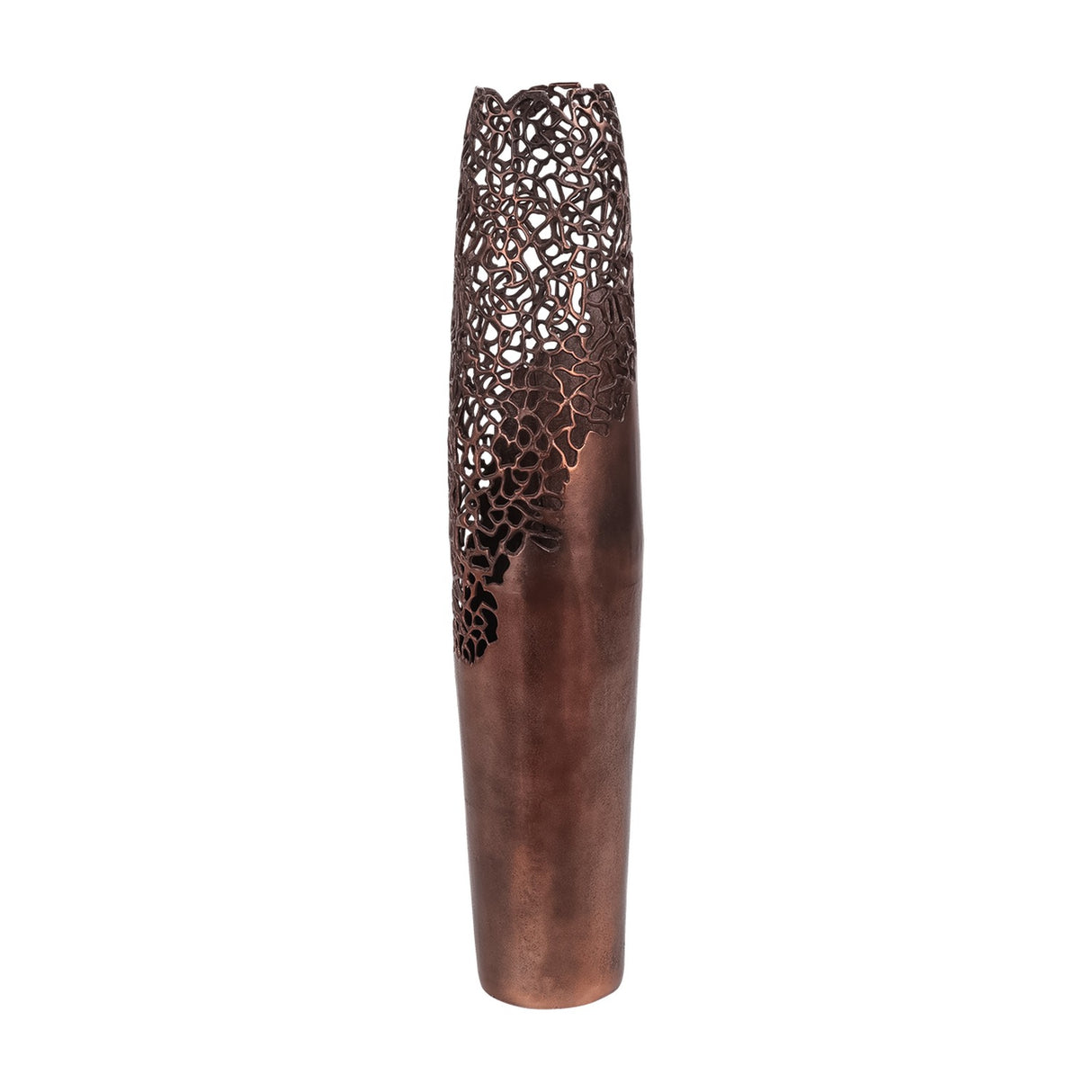 Libra Interiors Coral Cut-Out Raw Bronze Floor Vase in aluminium, with pierced coral lattice upper section and smooth tapered base, on a plain background.