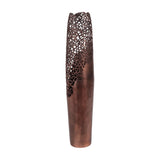 Libra Interiors Coral Cut-Out Raw Bronze Floor Vase in aluminium, with pierced coral lattice upper section and smooth tapered base, on a plain background.