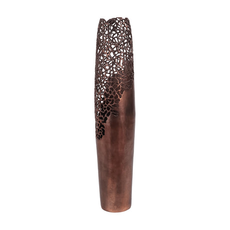 Libra Interiors Coral Cut-Out Raw Bronze Floor Vase in aluminium, with pierced coral lattice upper section and smooth tapered base, on a plain background.