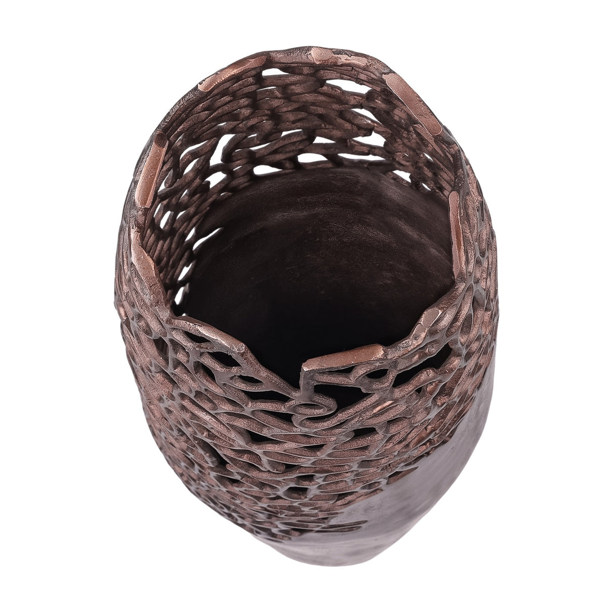 Top-down view of Libra Interiors Coral Cut-Out floor vase in raw bronze aluminium, showing the pierced coral lattice rim and hollow interior.