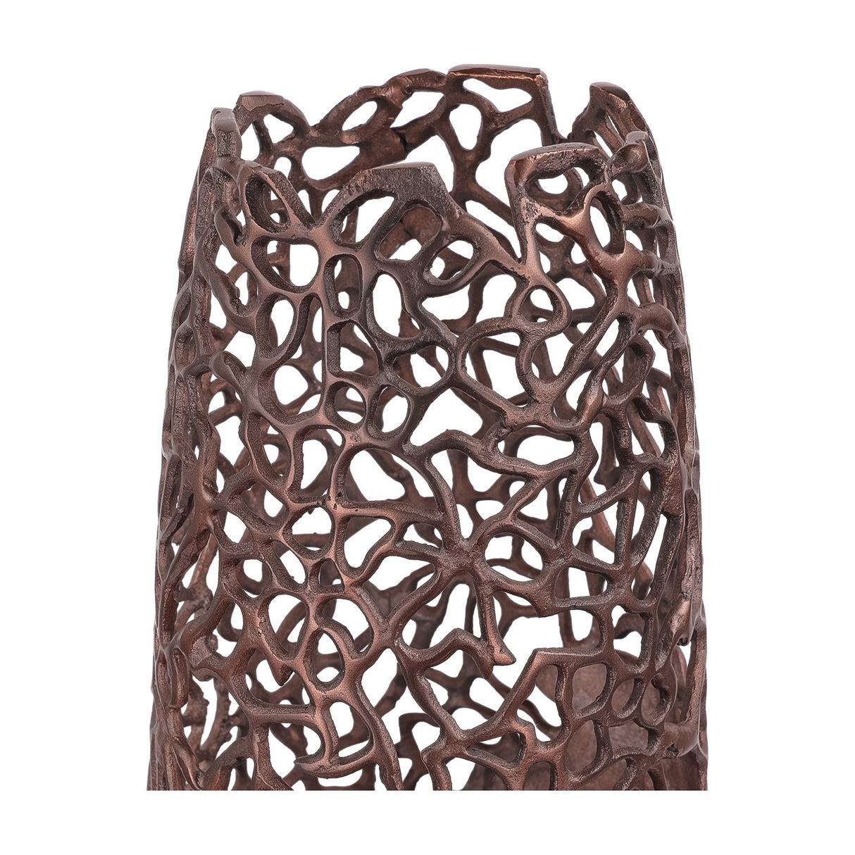Libra Interiors Coral Cut-Out floor vase in raw bronze aluminium, close-up of the pierced organic coral lattice across the upper section.