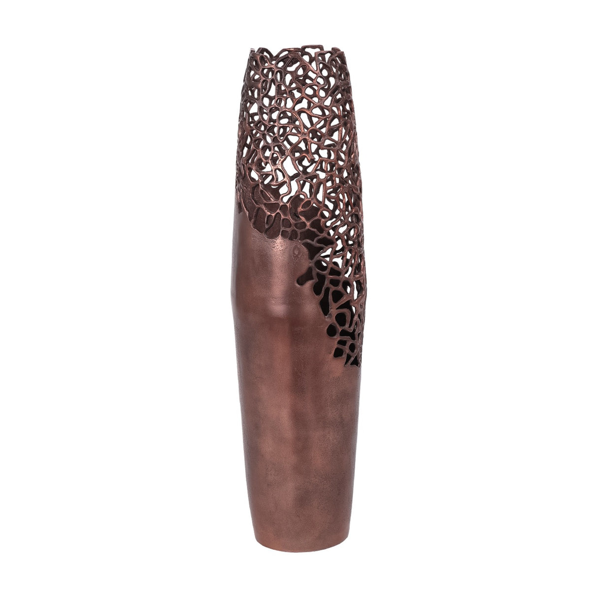 Libra Interiors Coral Cut-Out aluminium floor vase in bronze, with a smooth lower body and pierced coral-like openwork upper section, on a white background.