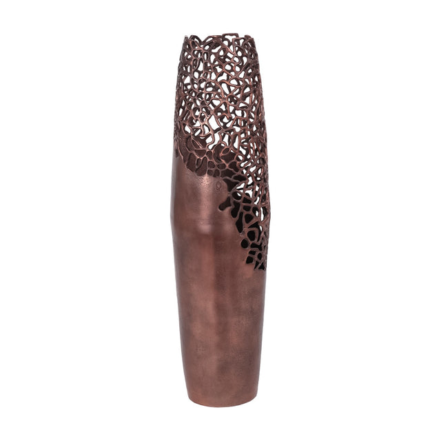Libra Interiors Coral Cut-Out aluminium floor vase in bronze, with a smooth lower body and pierced coral-like openwork upper section, on a white background.